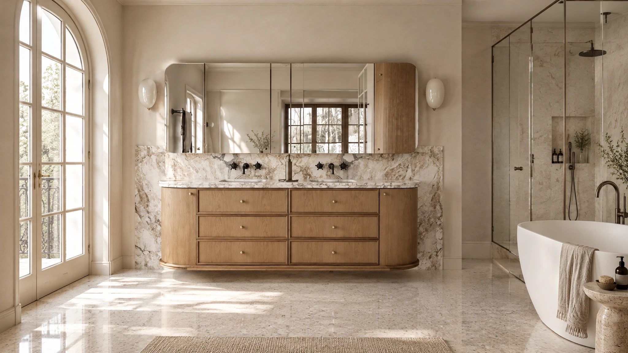 Curved oak bathroom vanity with coordinated basin, mirror cabinet and shower enclosure
