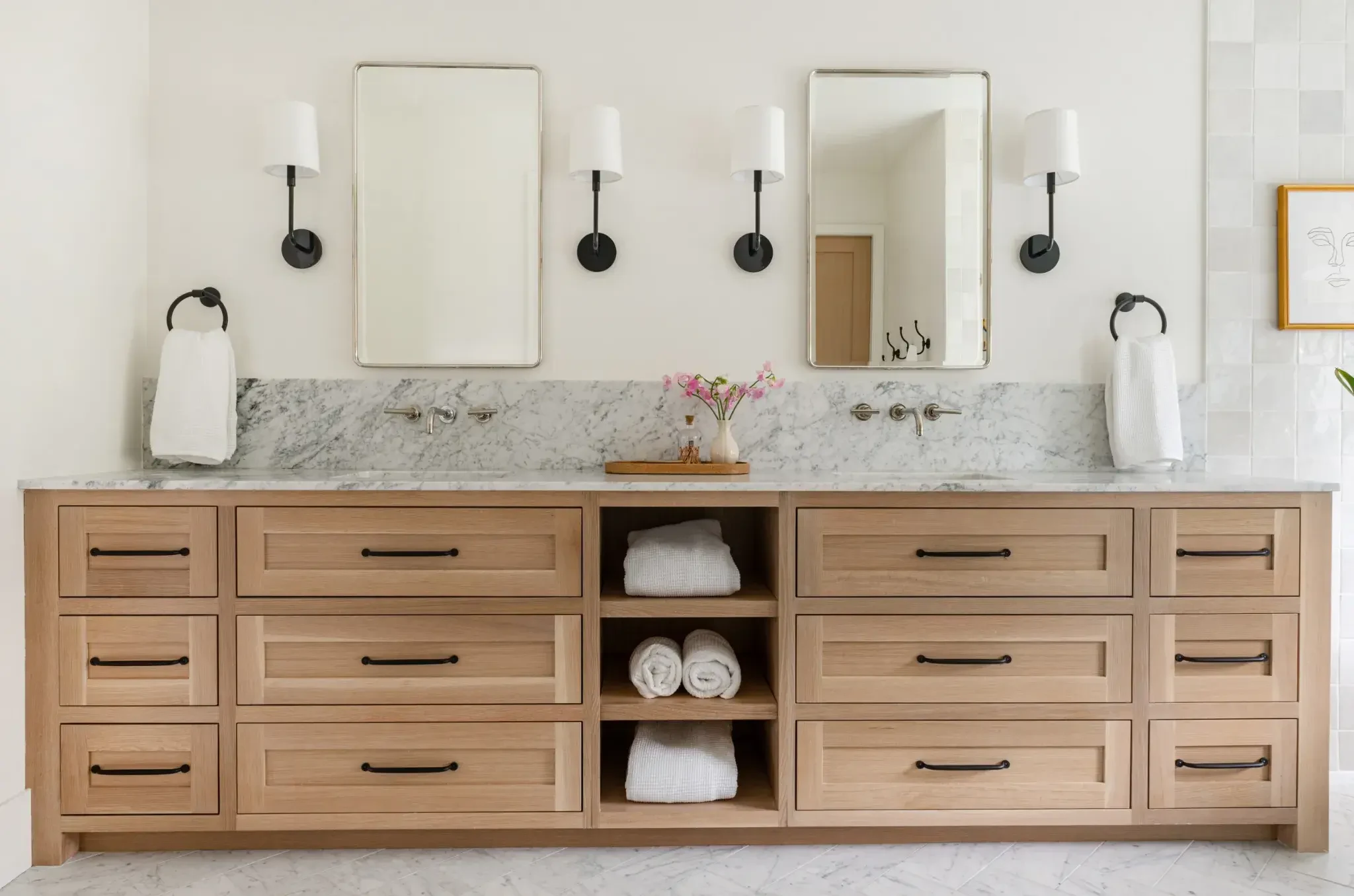 Double vanity with drawers, cupboards and open towel storage