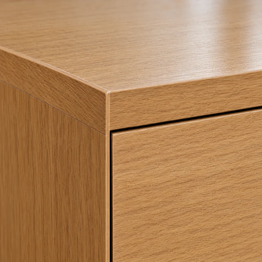 Close-up of an oak-look cabinet corner, exposed end panel and drawer edge