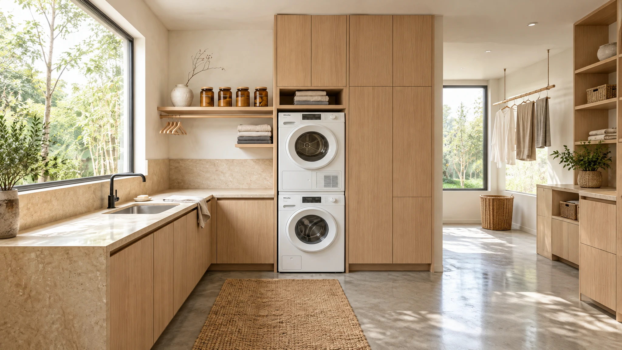 Oak utility built-ins with stacked laundry appliances, a sink, shelves and tall storage
