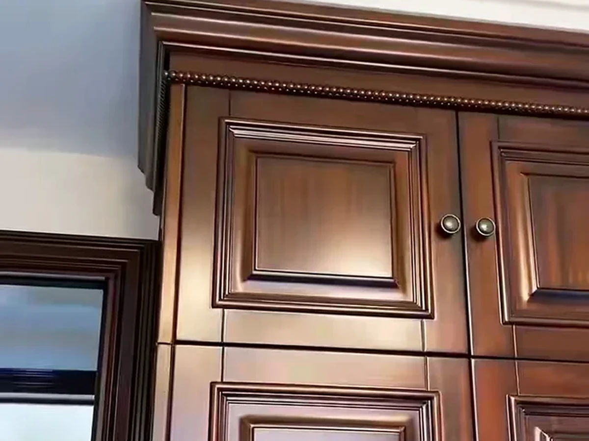 Close view of a dark stained and lacquered cabinet door with moulded profiles
