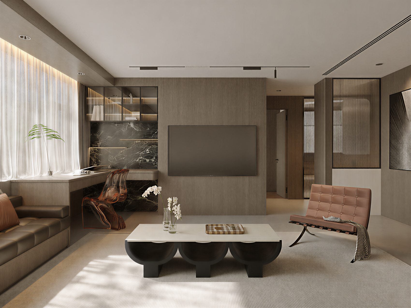 Completed Arcaya living room project with full-height built-in cabinetry