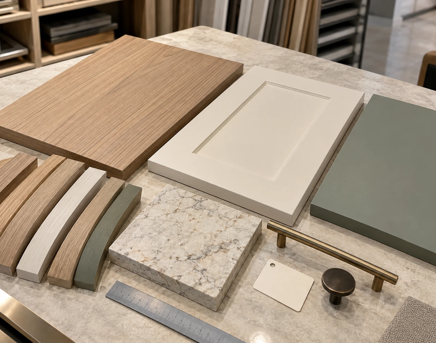 Coordinated cabinetry finish samples, edge bands, stone and hardware arranged for approval
