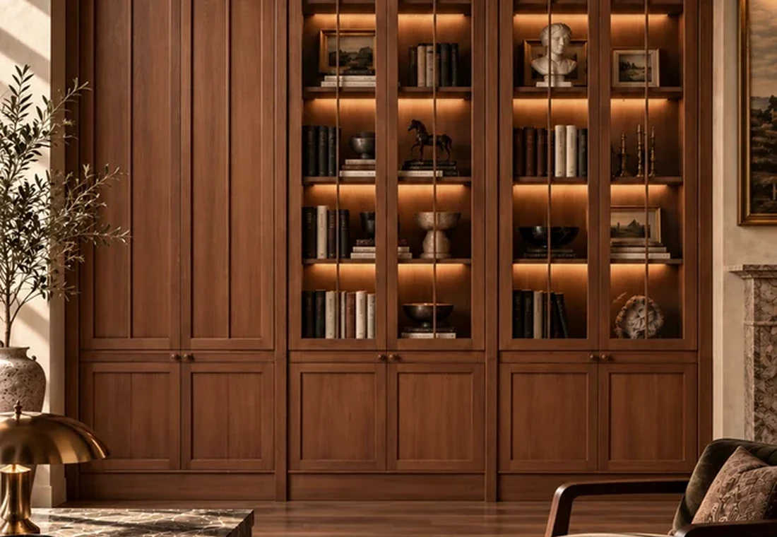 Warm timber built-in shelving used as a visual reference for cabinet proportions and finish direction