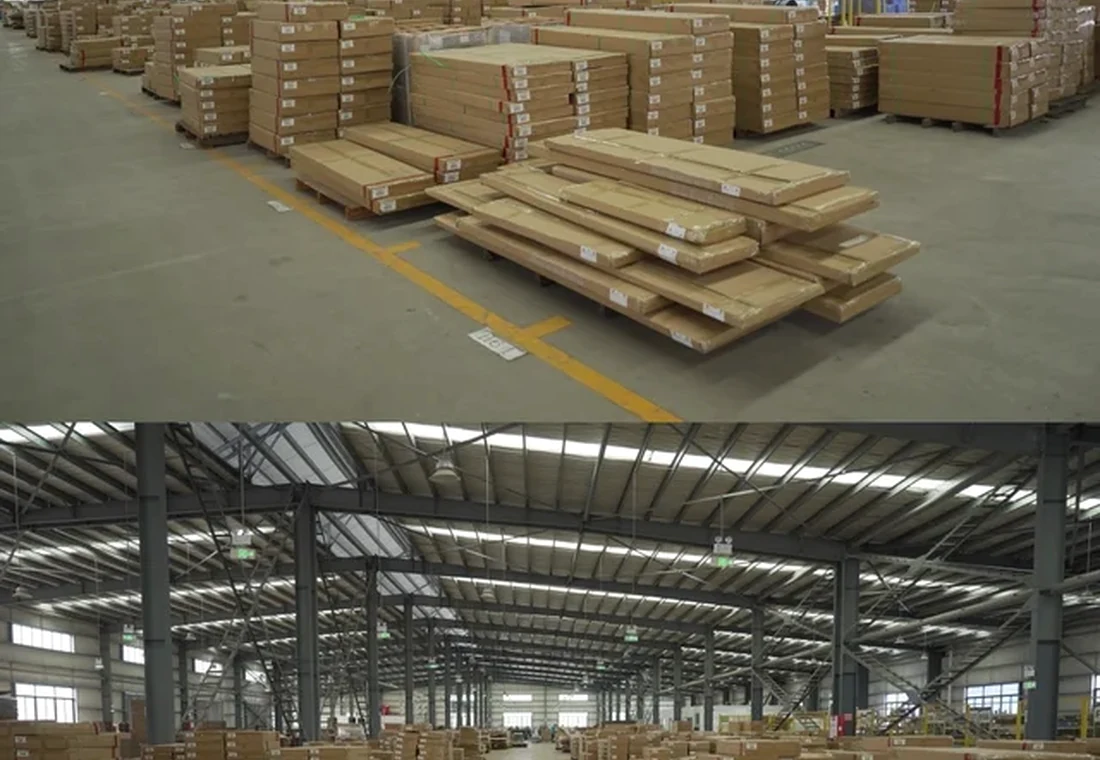 Labelled cabinetry packages grouped by batch on a factory floor before delivery