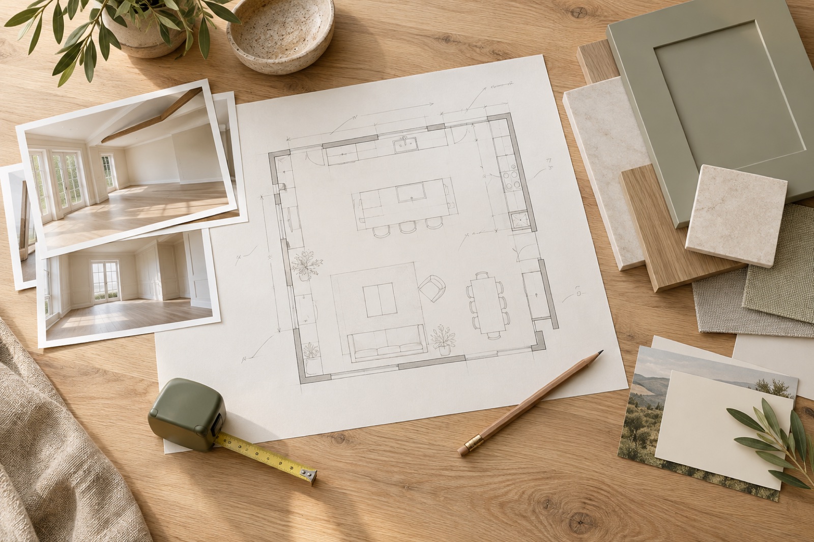 Floor plan, empty-room reference photographs, cabinet finish samples and a tape measure arranged on an oak table