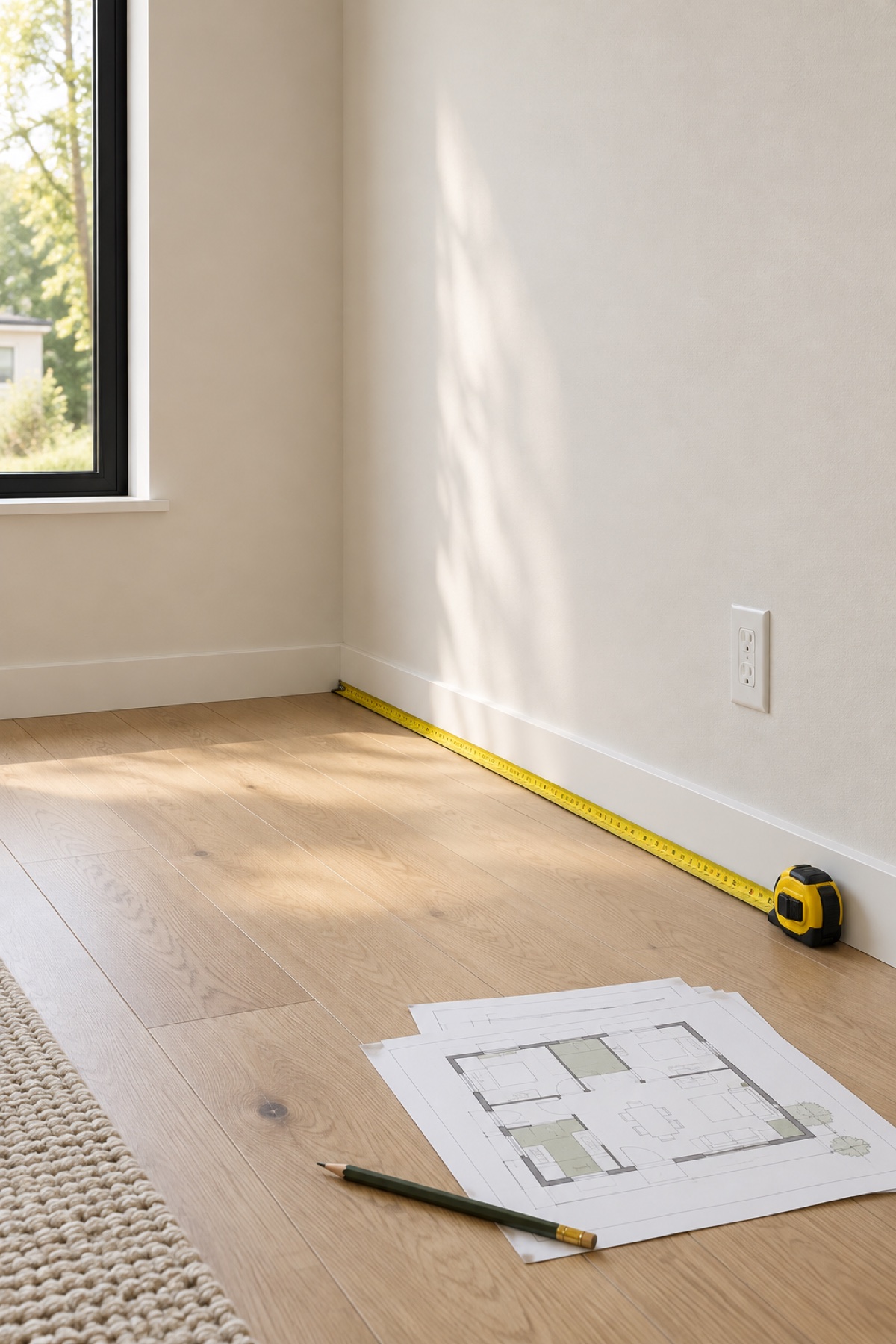 An empty finished room with a tape measure extended along the wall and a floor plan on the oak floor