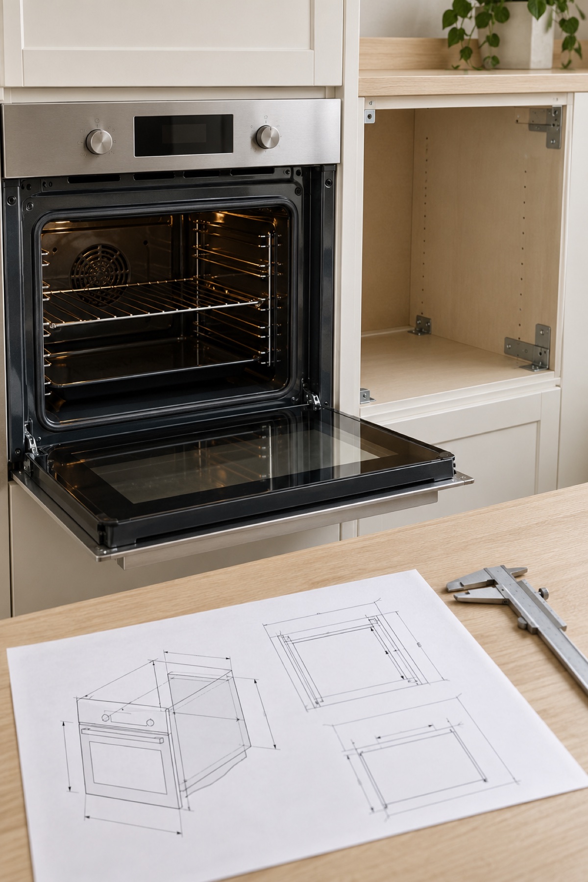 A built-in oven, adjacent empty cabinet cavity, drawing and caliper