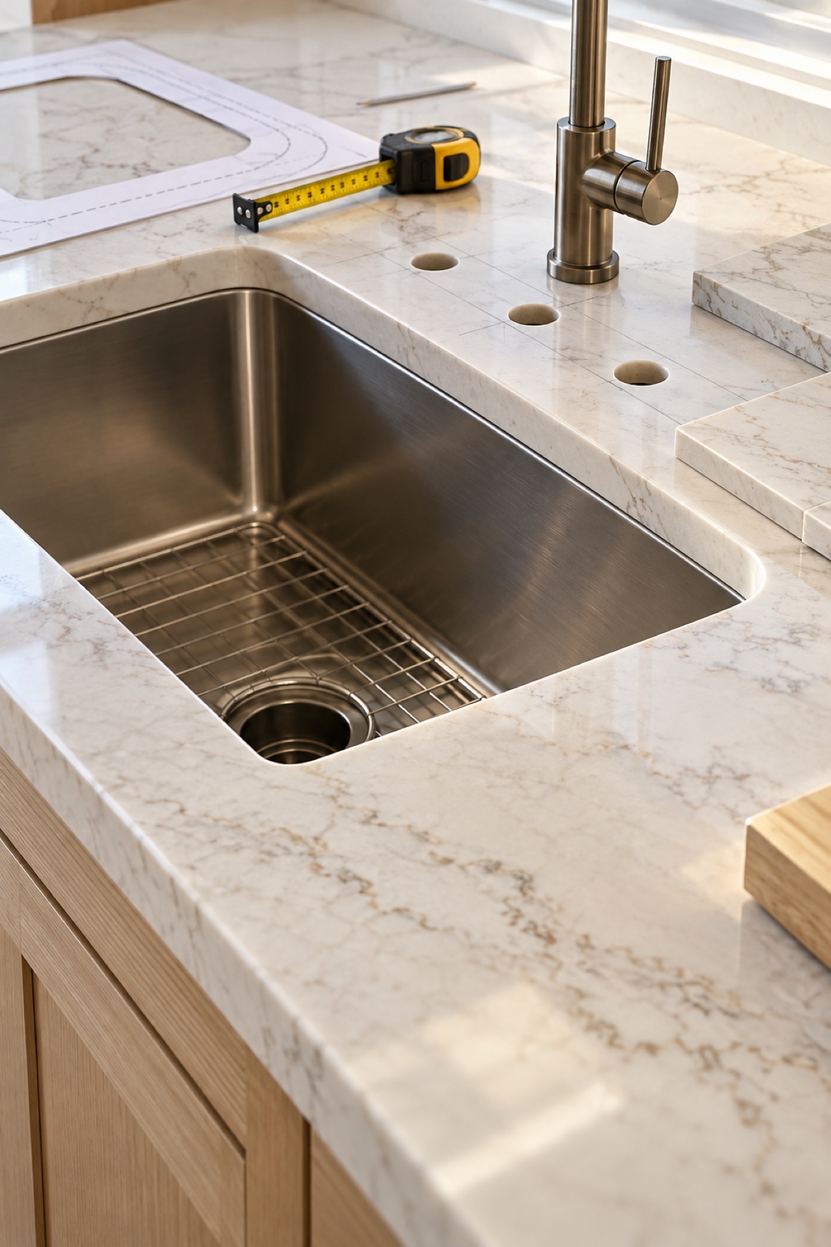 An undermount sink, stone countertop edge, tap holes, template and tape measure