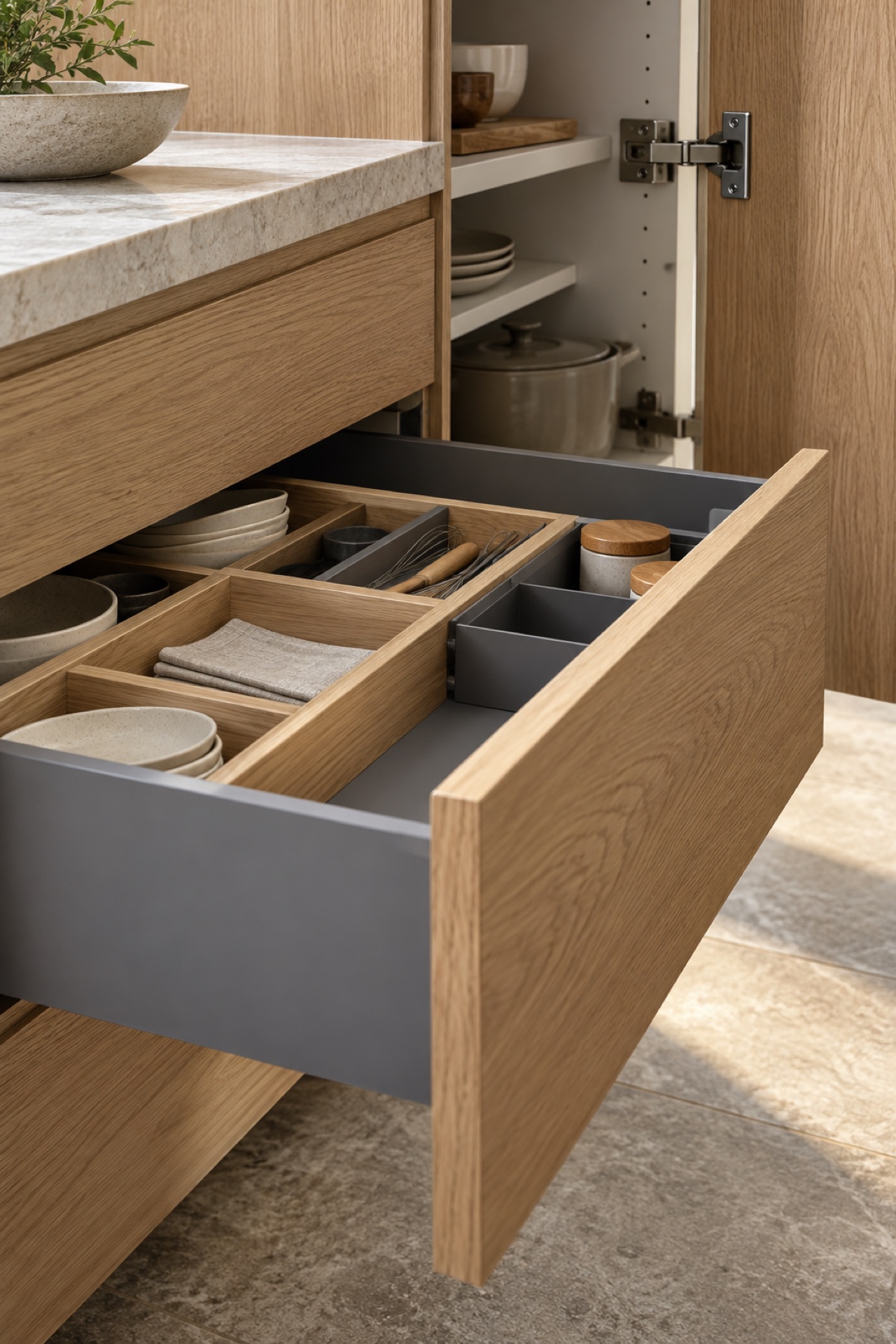 An open oak kitchen drawer with organizers, concealed runners and cabinet hinges