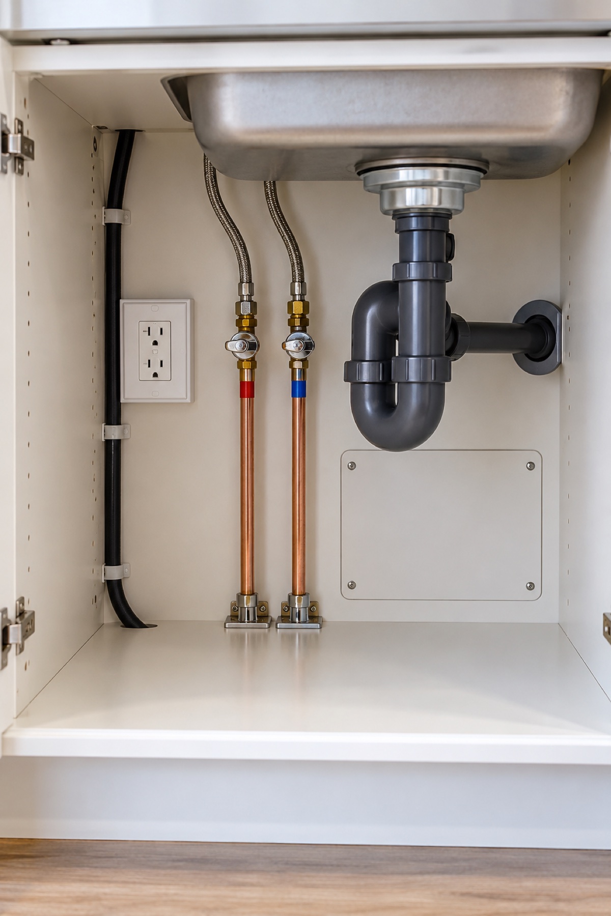An open sink cabinet showing organized plumbing, outlet, cable route and access panel