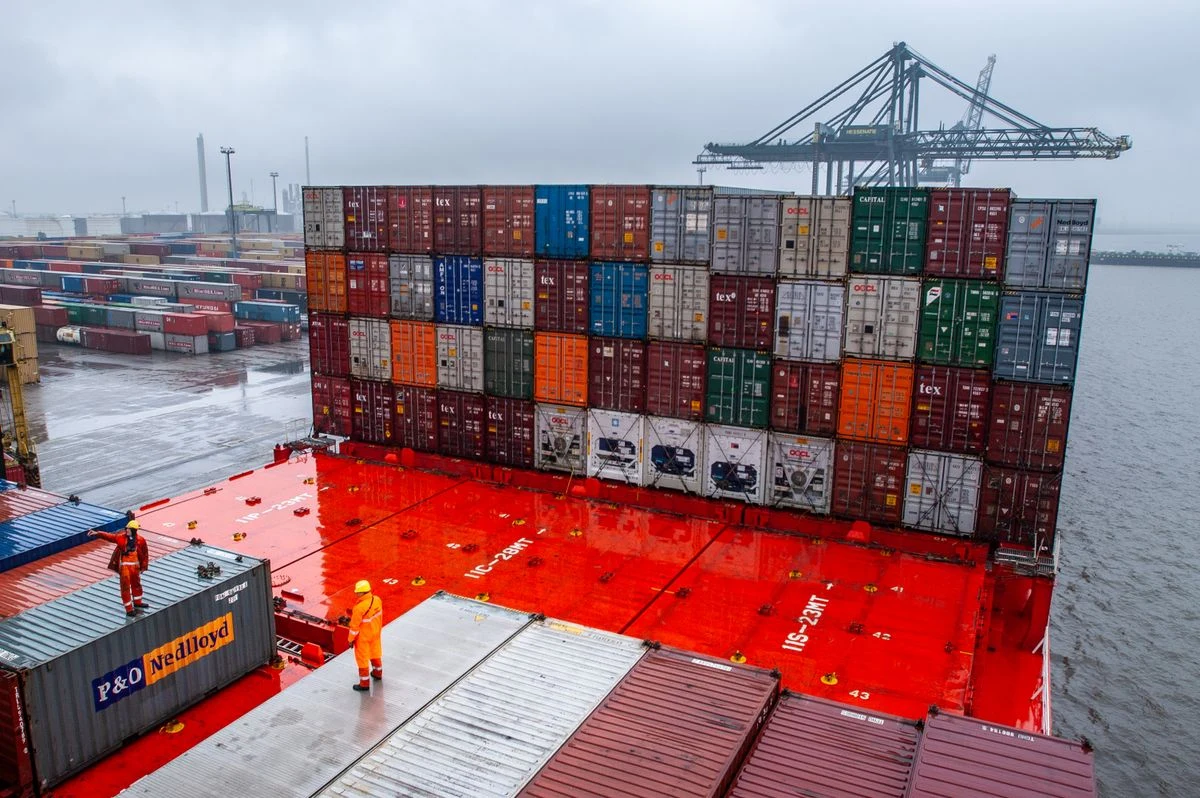 Shipping containers and dock workers at a cargo terminal