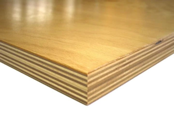 Close-up of a finished plywood panel showing its layered core and surface