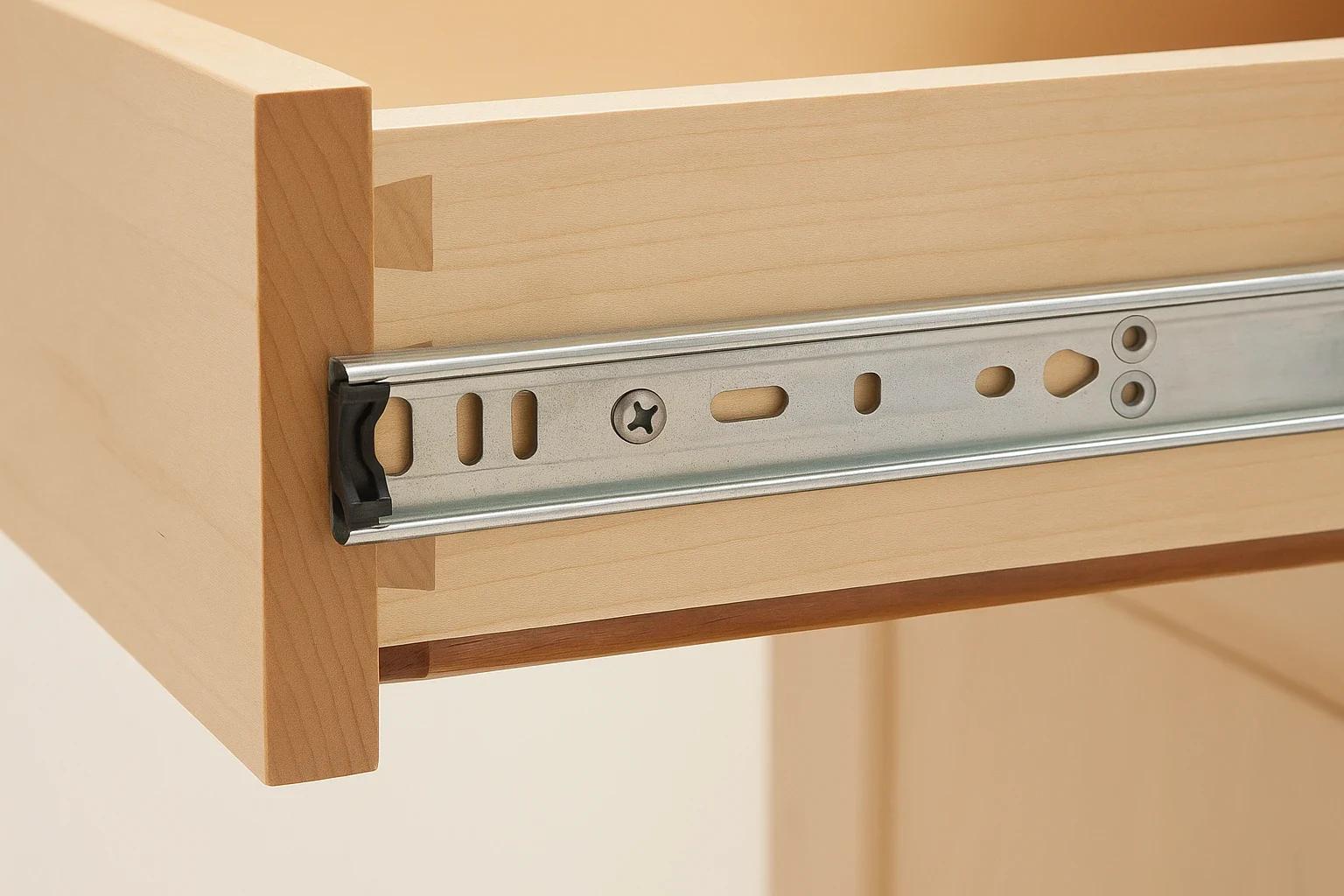 Close-up of a metal drawer runner mounted to the side of a timber drawer