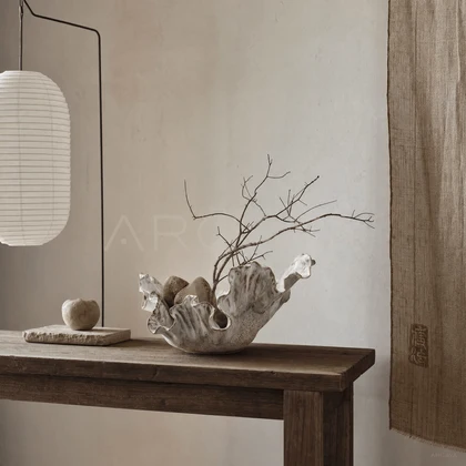 Gray White Pleated Ceramic Bowl — styled interior view 2