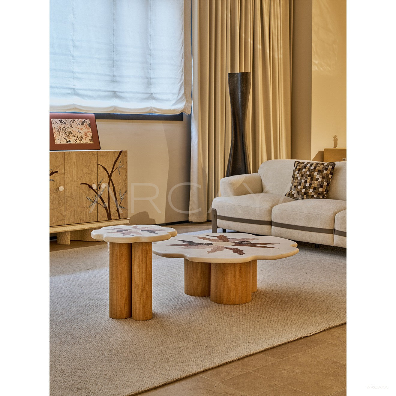 Organic Petal Marble Marquetry Nesting Coffee Table