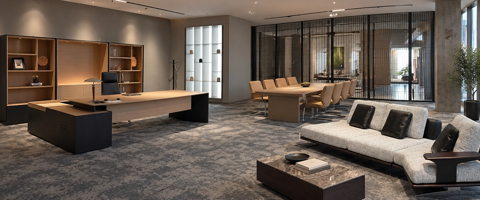 AI-assisted composite of the supplied office furniture photos: executive desk, meeting table and reception seating. Not an Arcaya installation.