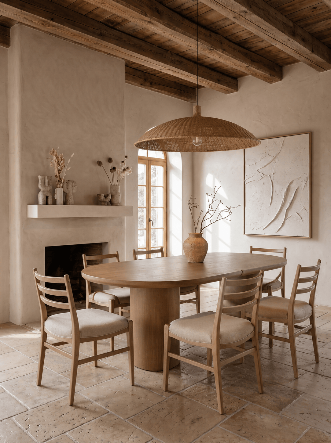 Dining room with wood beams and oval table