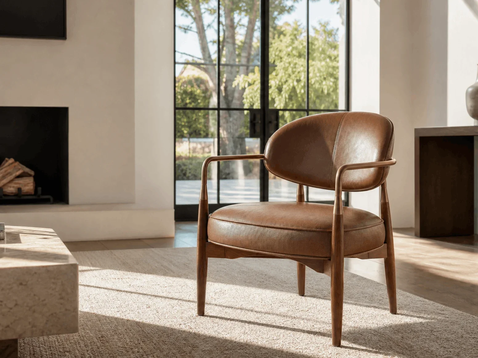 Boucle and leather lounge chairs in a contemporary interior