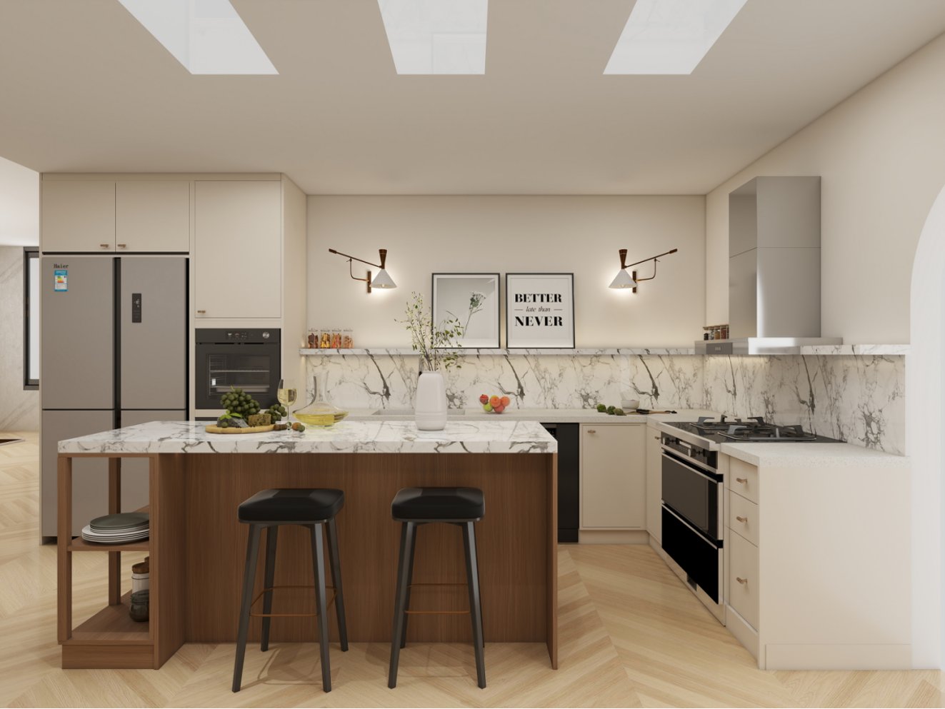 Render of the kitchen with the marble-topped island, bar stools and the full marble backsplash behind