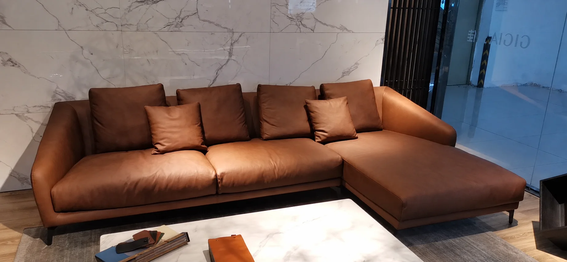 Leather sectional sofa in a furniture showroom