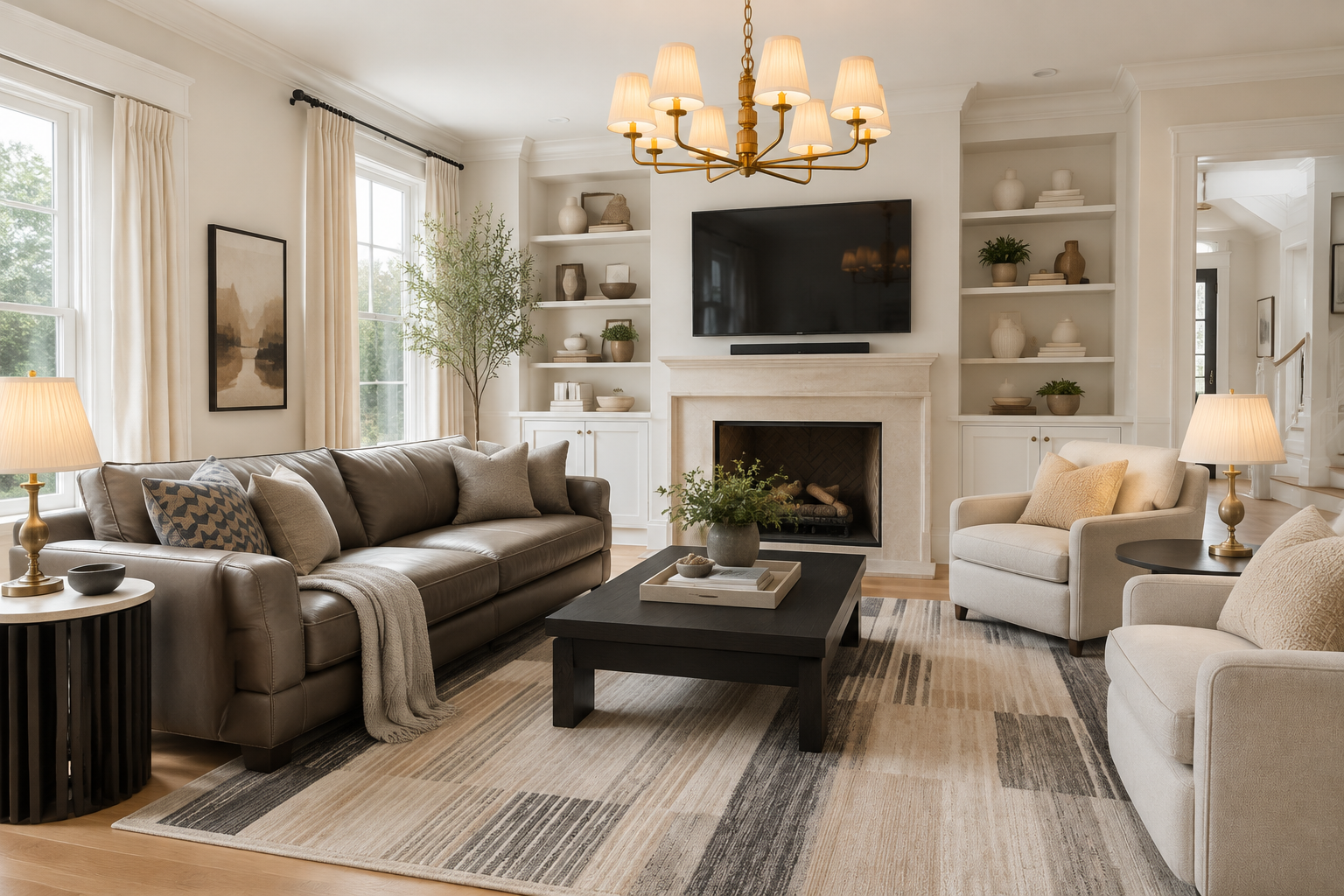 American living room with Arcaya sofa, coffee table, rug, lighting, curtains, and media storage