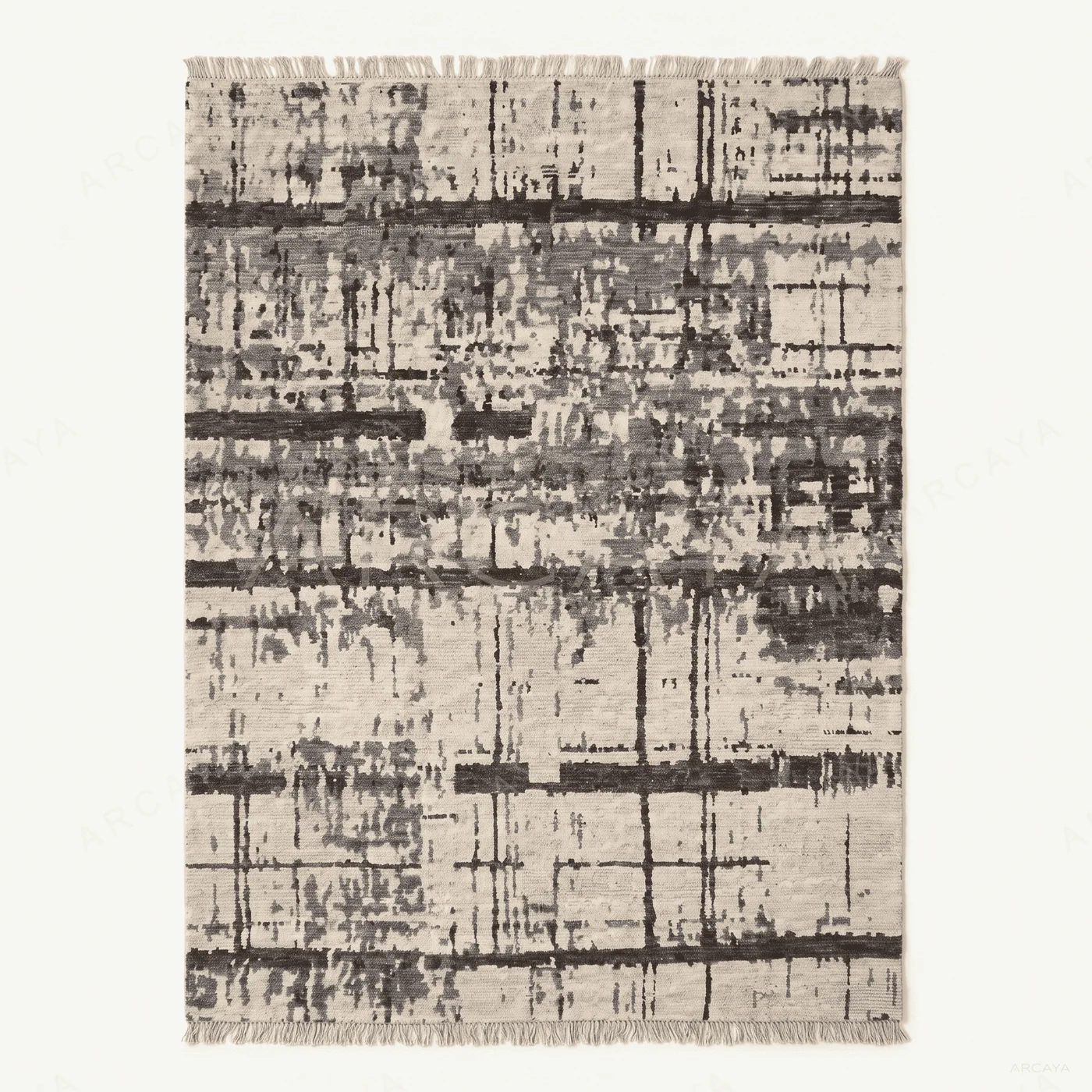 Abstract Grid Pattern Fringed Area Rug