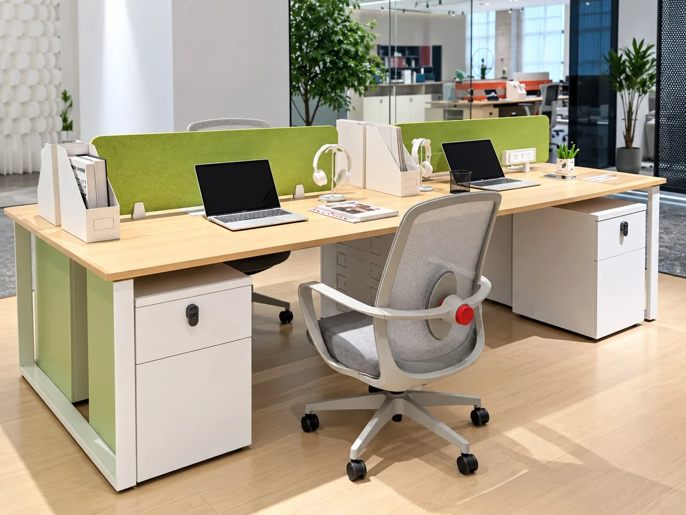 Maple-tone bench desks with green screens and white storage; AI-edited showroom reference