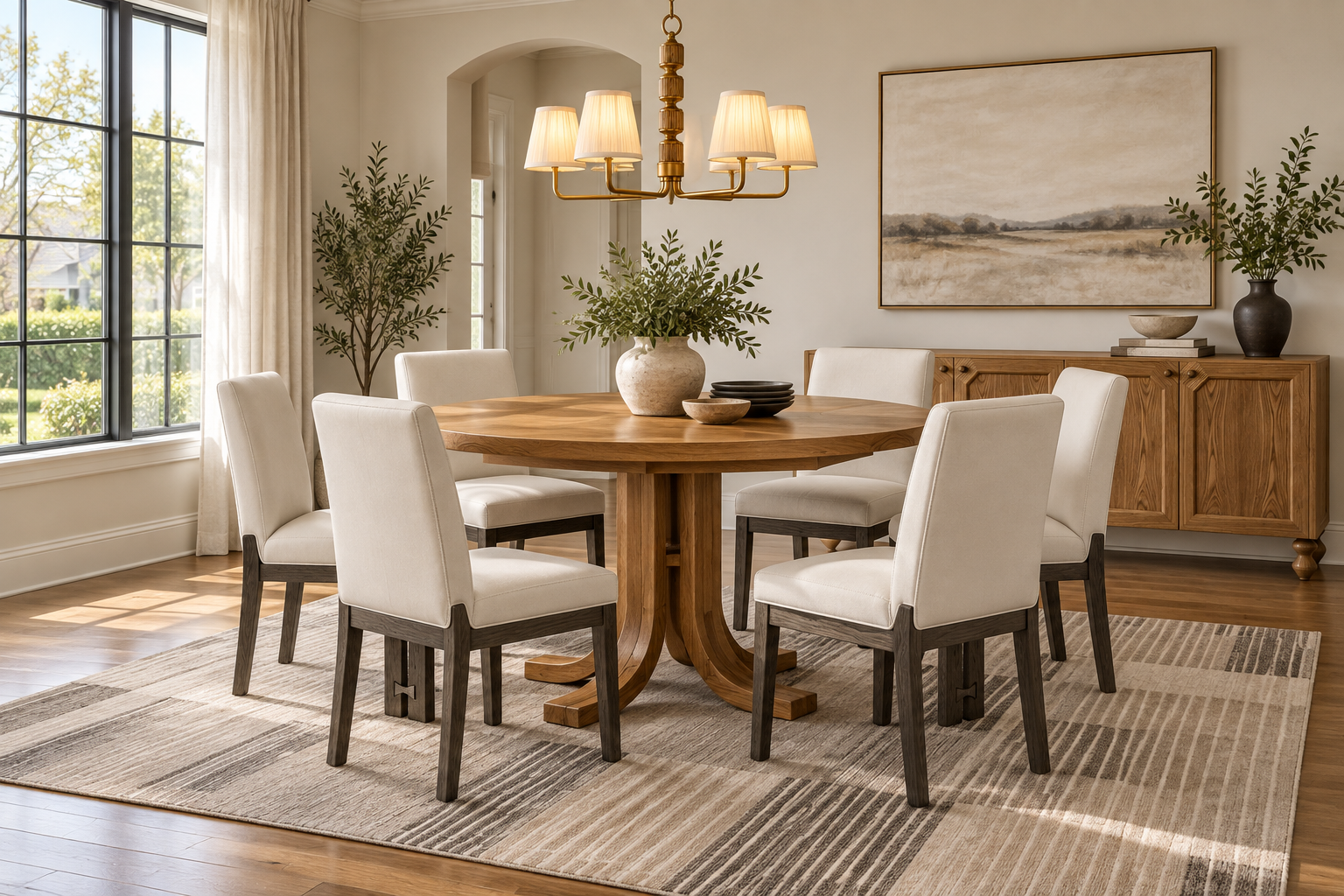 American dining room with Arcaya dining table, dining chairs, sideboard, pendant light, and area rug