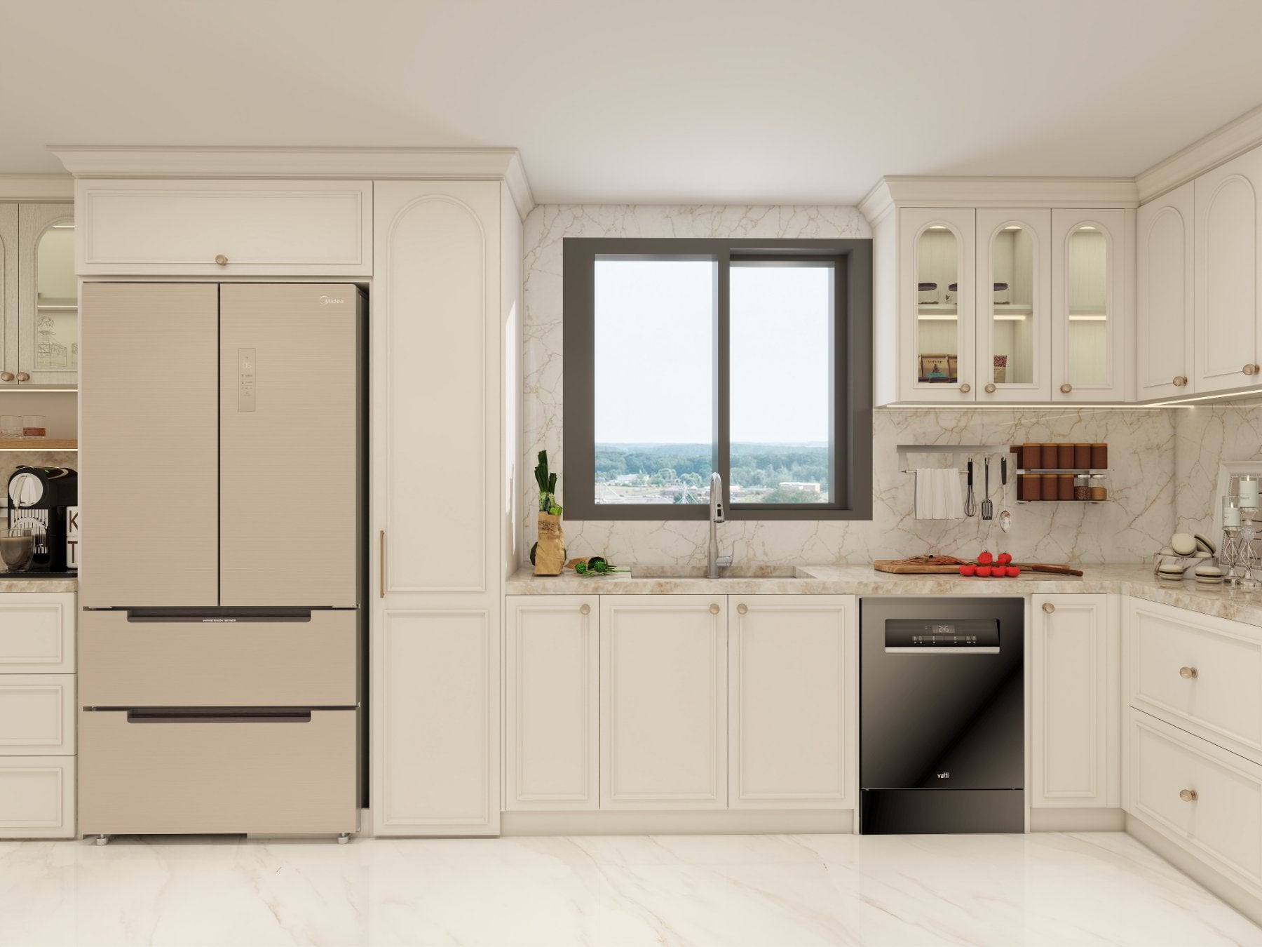 Render of the refrigerator housing, window sink run and glazed corner cabinets