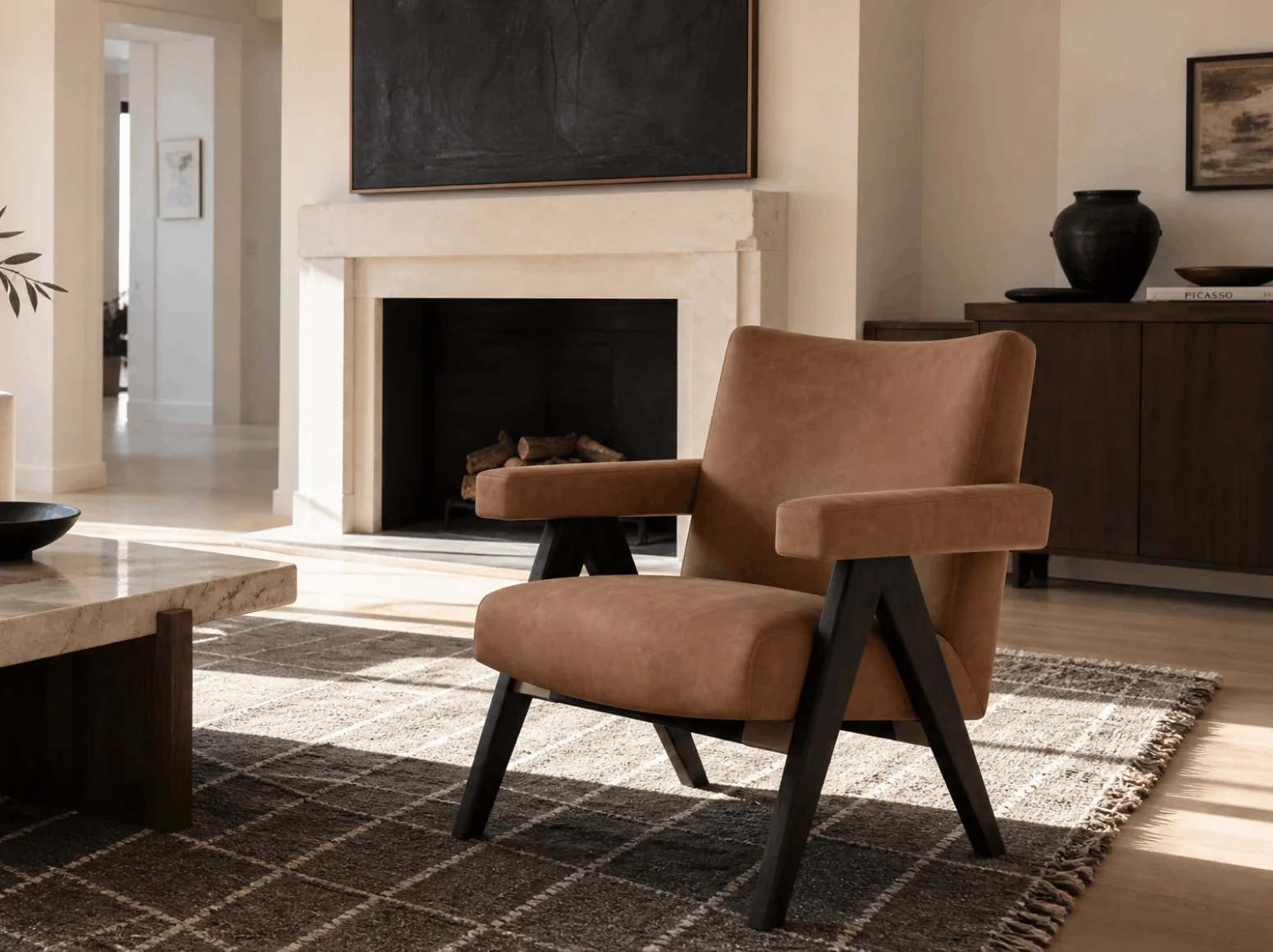 Boucle and leather lounge chairs in a contemporary interior