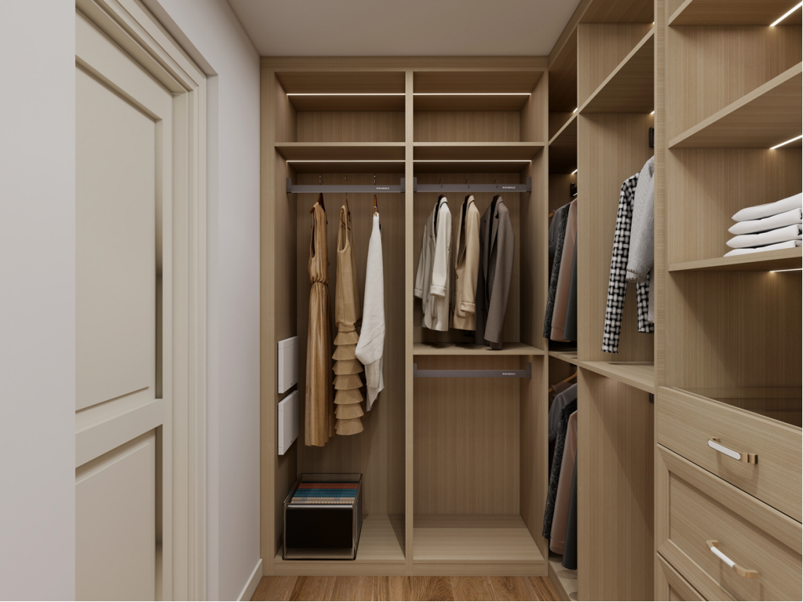 Render of the closet entrance showing the corner return and full-height hanging bays