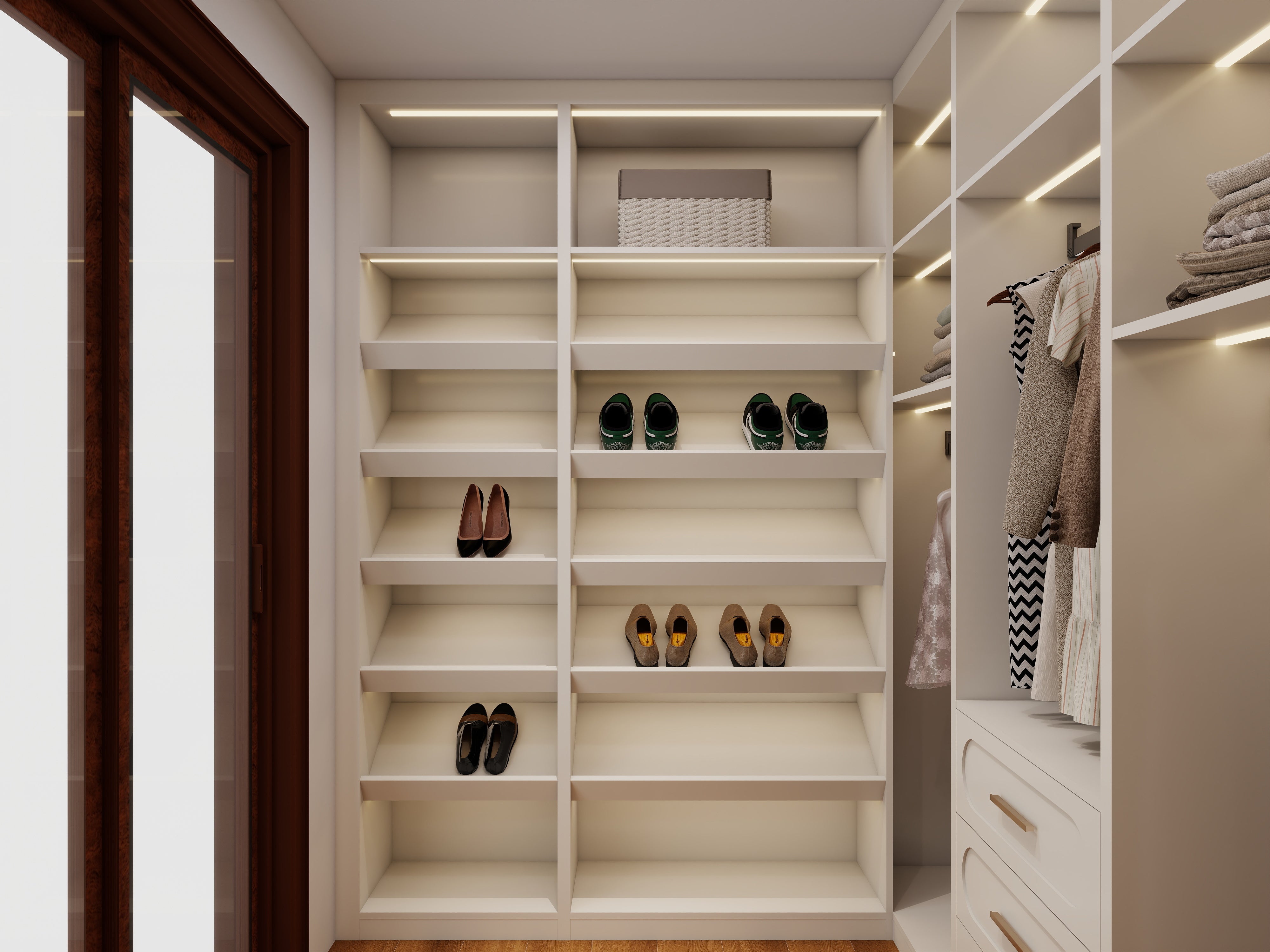 Render of the small closet shoe shelving with integrated lighting