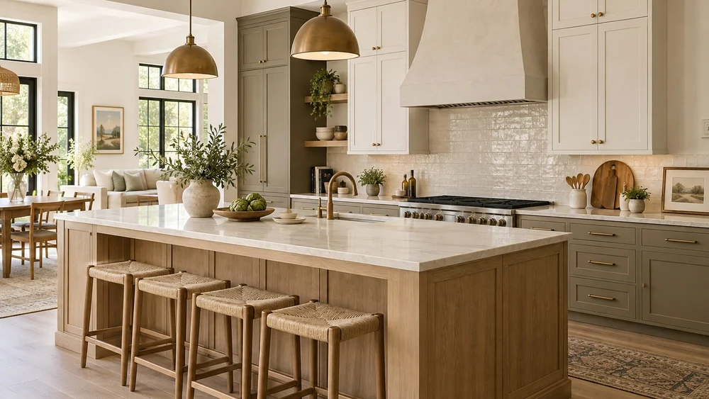Warm modern American kitchen with custom cabinet color palette