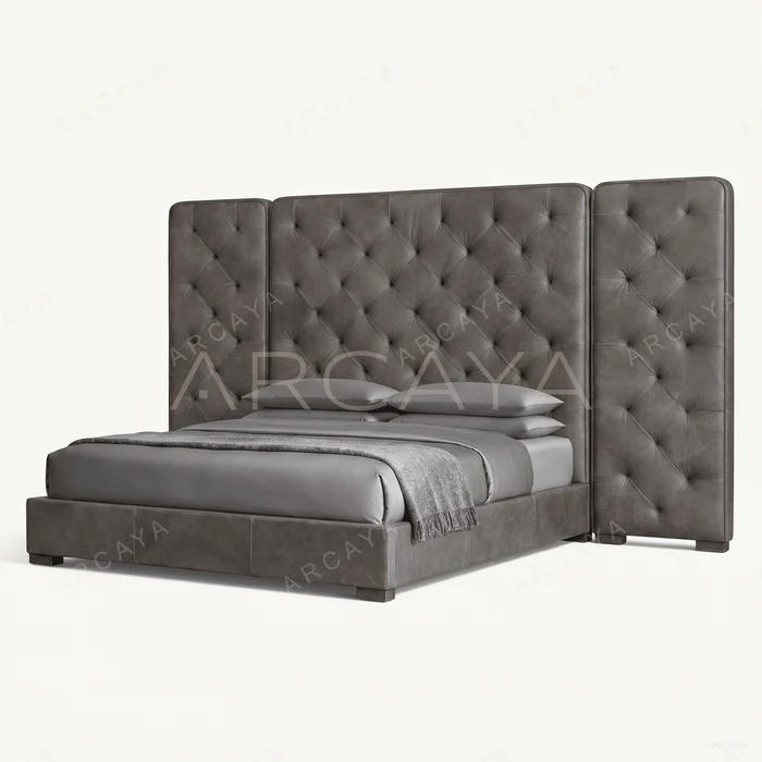 Tufted Wingback Leather Platform Bed
