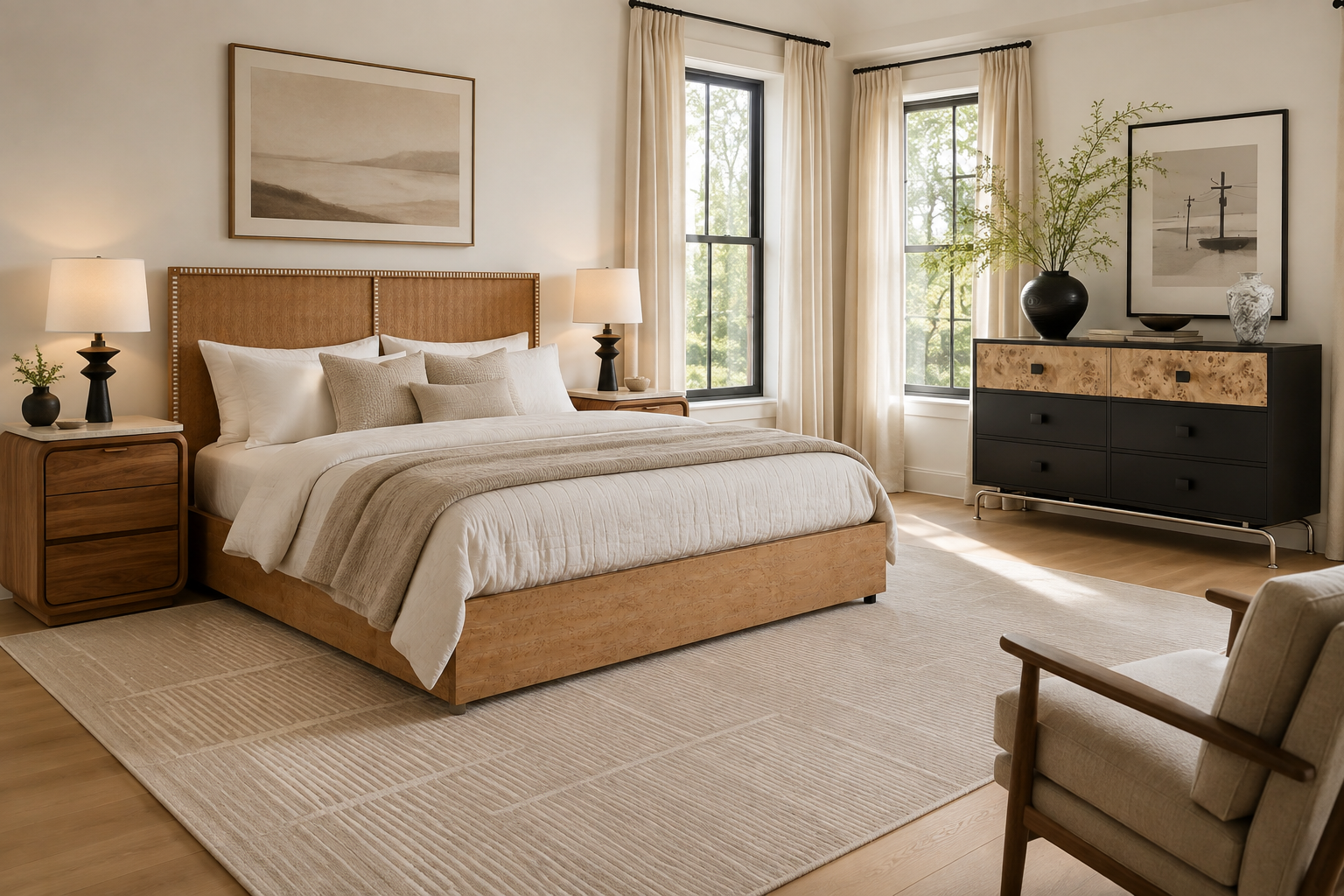 American primary bedroom with Arcaya bed, nightstand, table lamp, dresser, area rug, curtains, and layered bedding