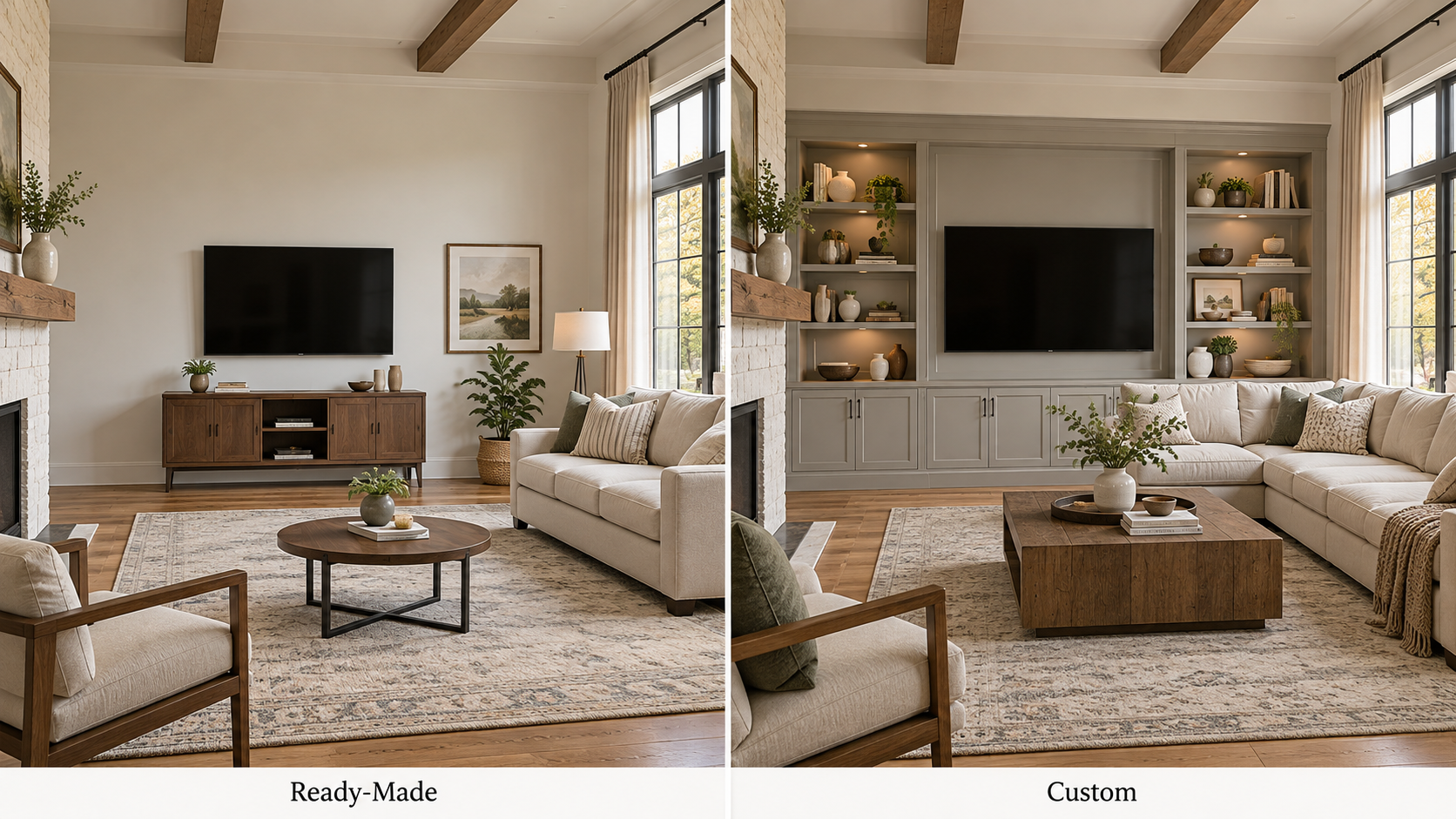 Ready-made and custom furniture comparison in an American family room