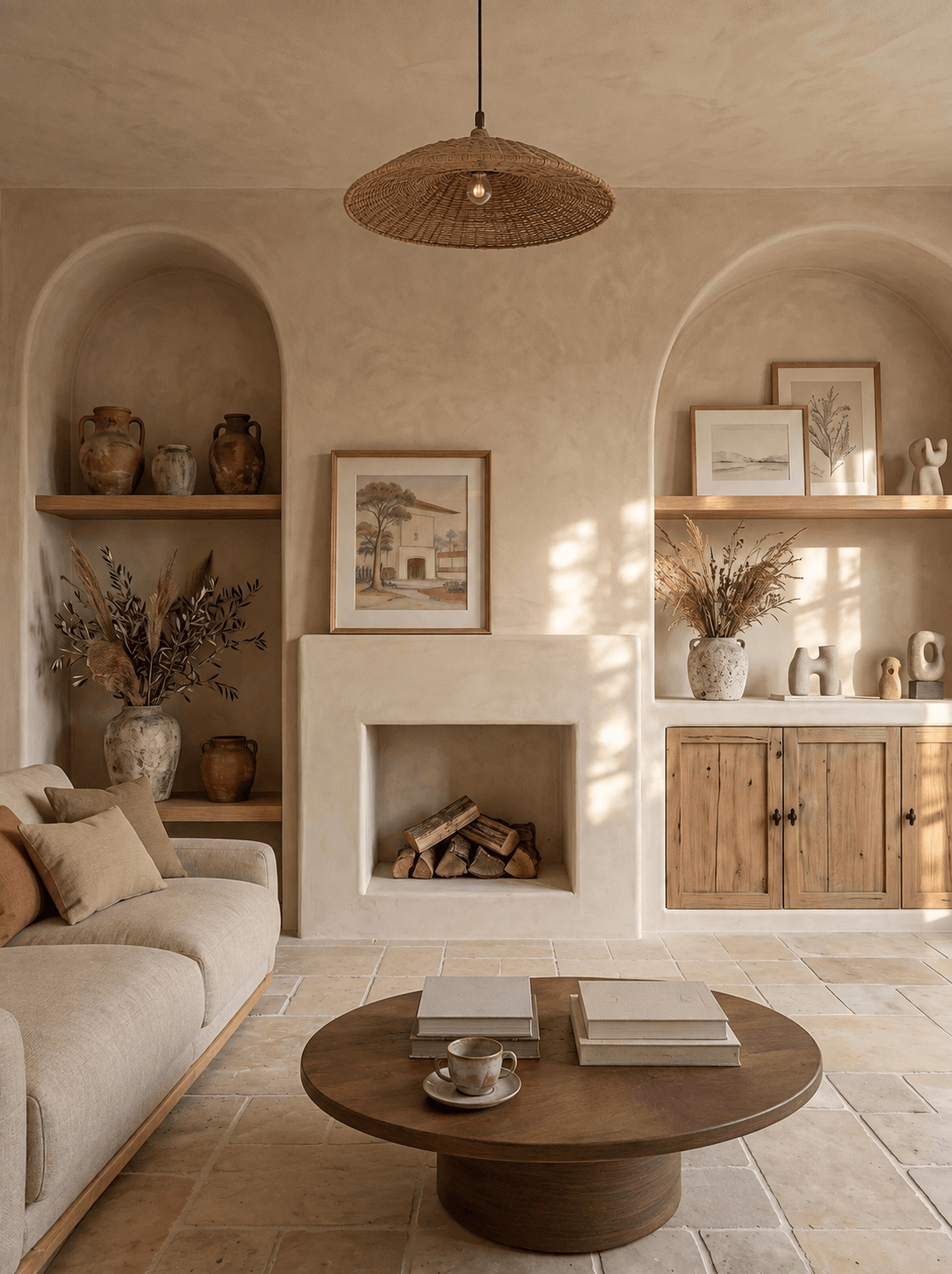 Living room with curved sofa, fireplace, and arched niches
