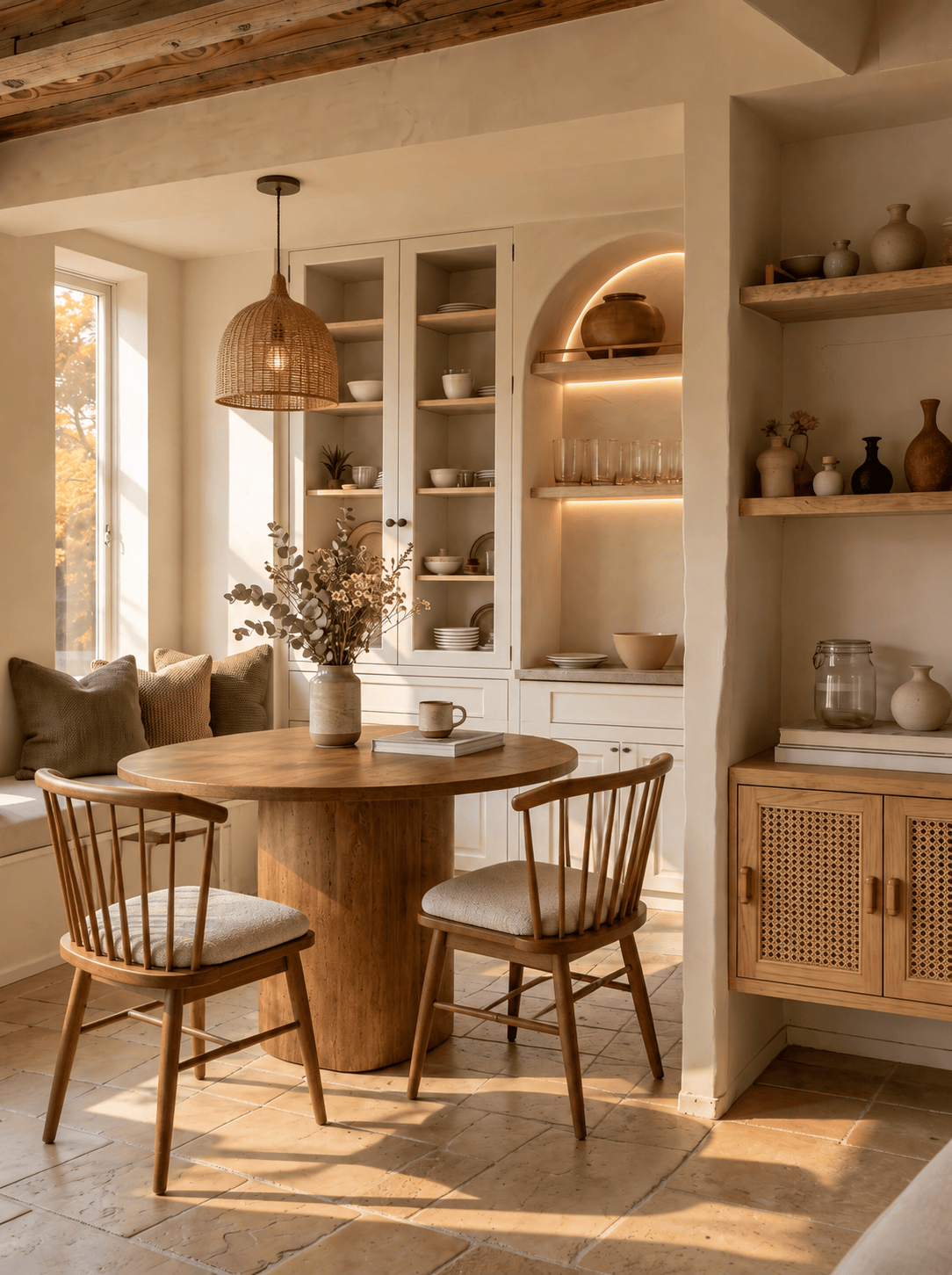 Breakfast nook with built-in cabinetry and woven pendant
