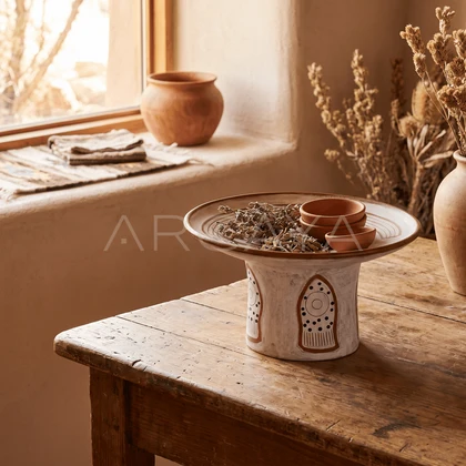 Hand Painted Abstract Pedestal Bowl — styled interior view 1