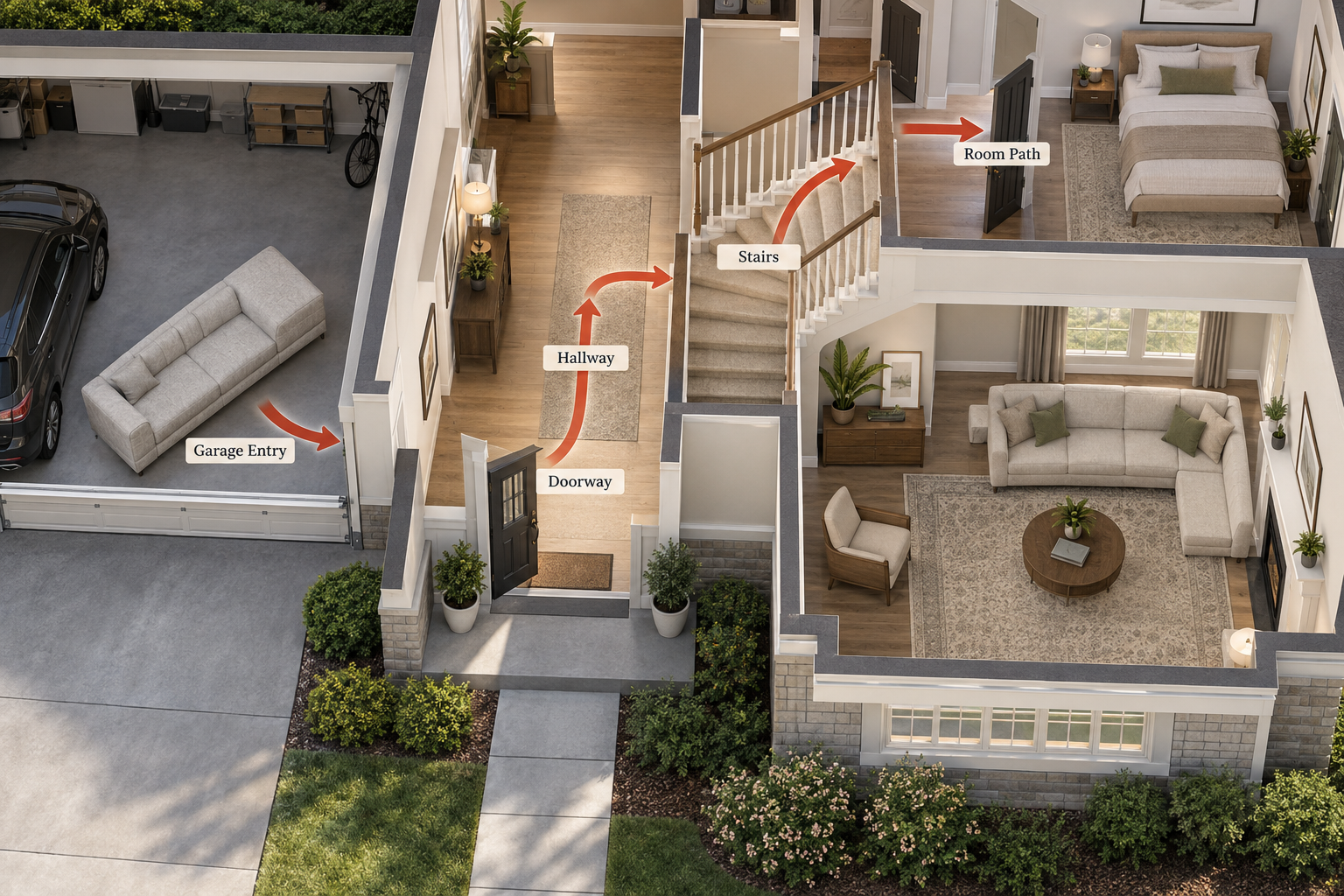Furniture delivery route through an American house