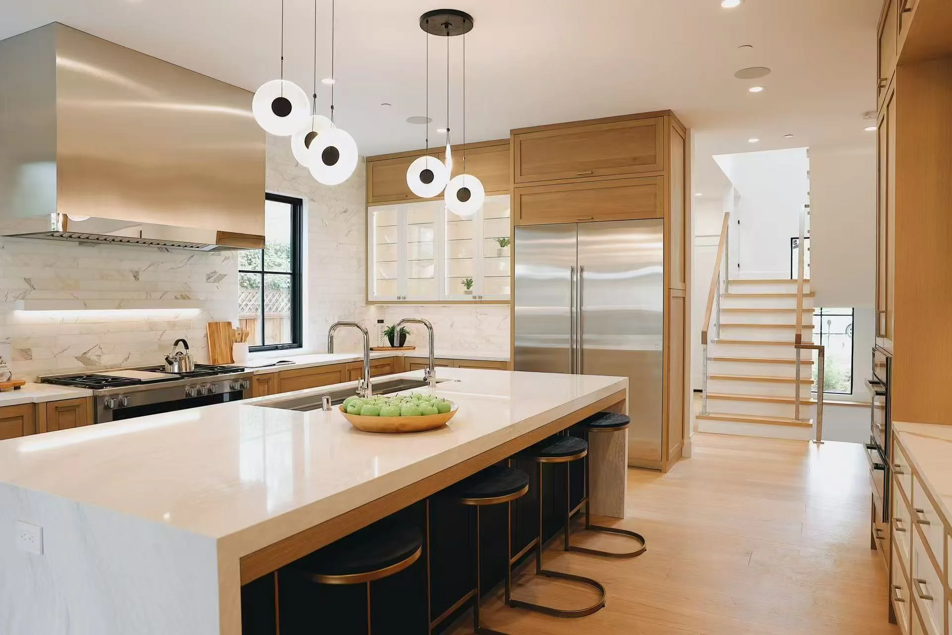 Wide view of the warm timber kitchen