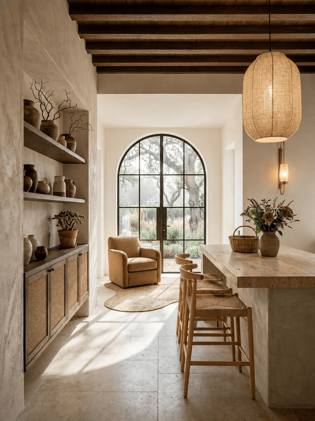 Kitchen and bar area with exposed beams and arched shelving