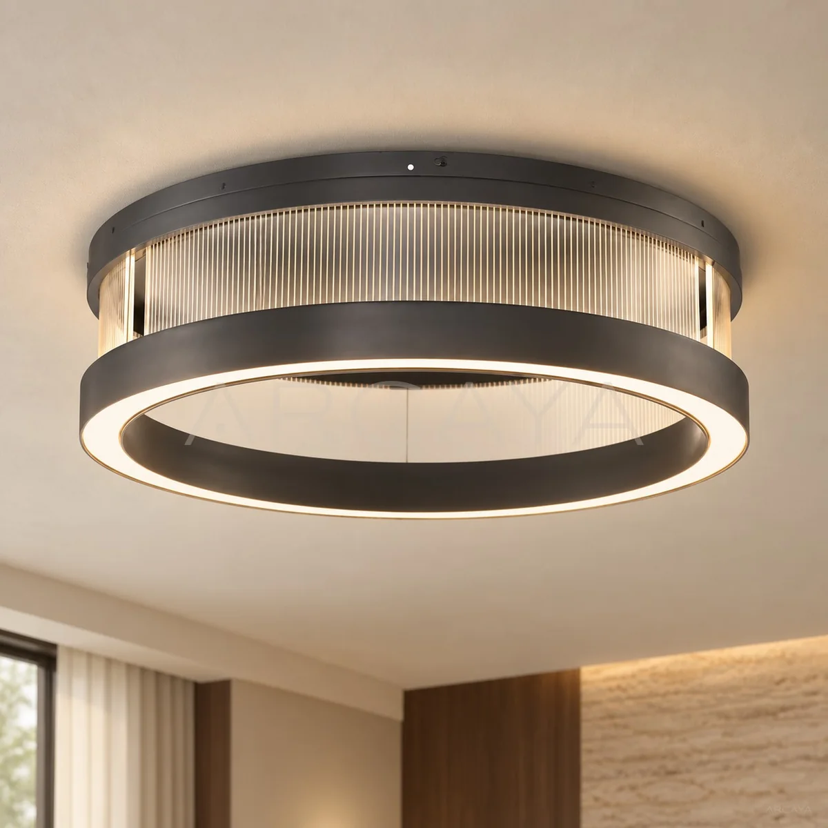 Black Frame Ribbed Glass Ring Ceiling Light 97077
