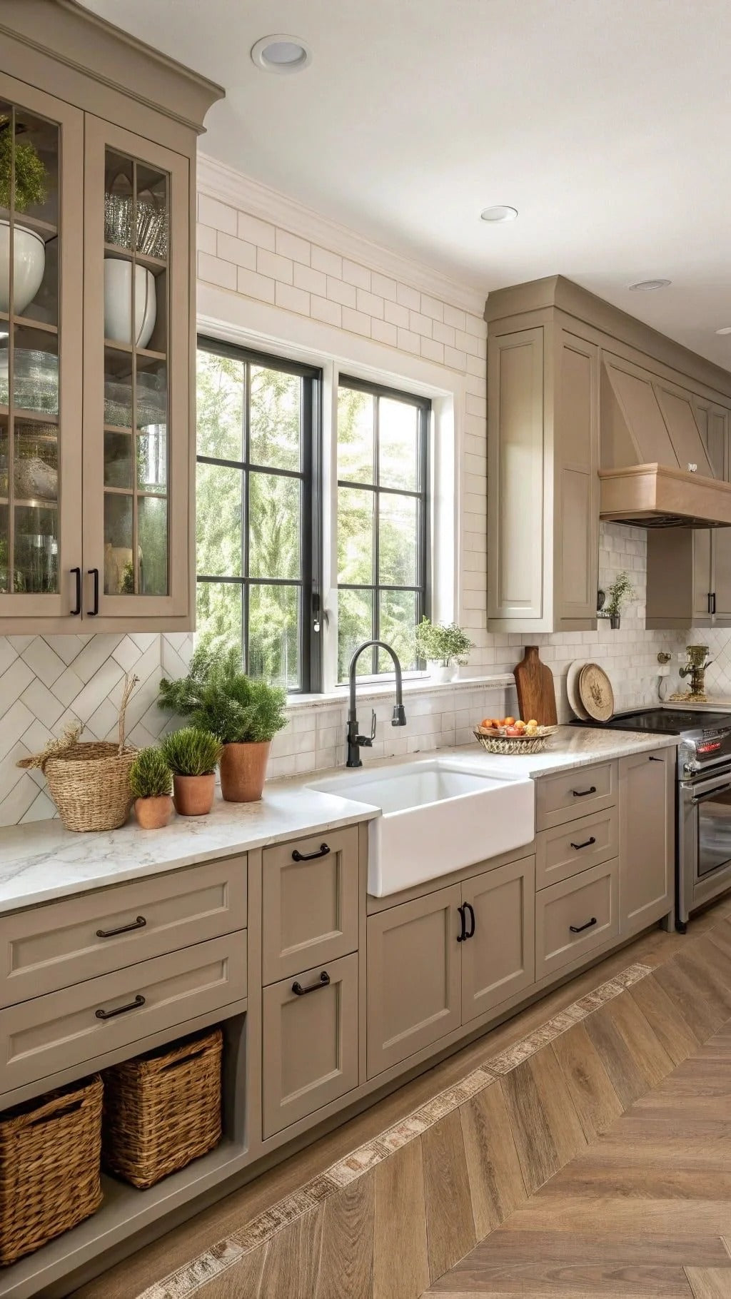 Warm taupe cabinets show how cabinet color changes with daylight, wood floors, and stone surfaces.