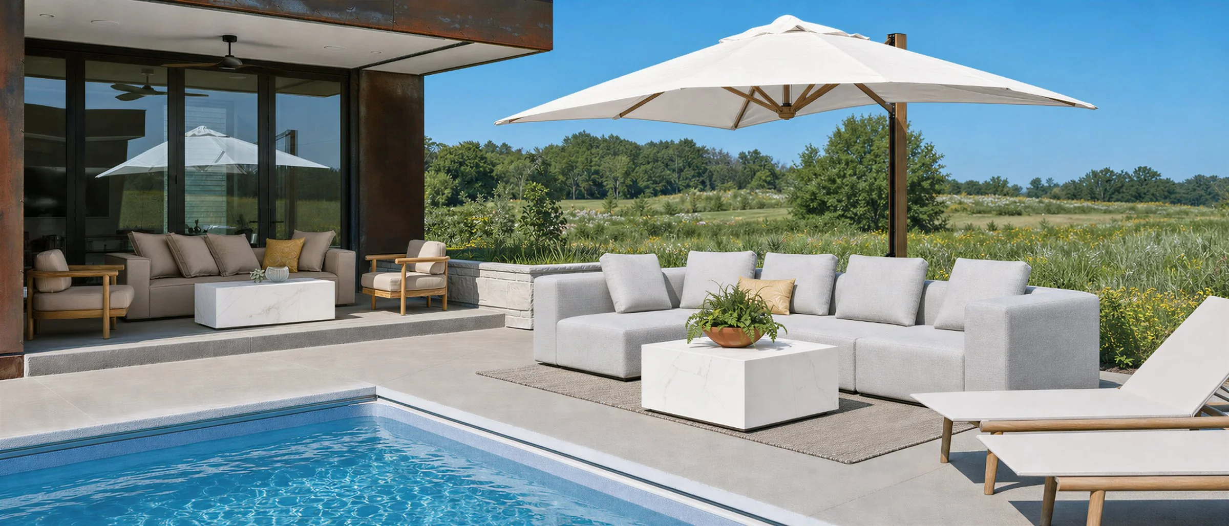 Poolside modular sectional under a cantilever umbrella