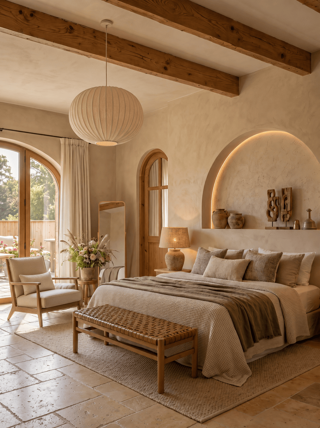 Primary bedroom with arched lit niche and woven bench