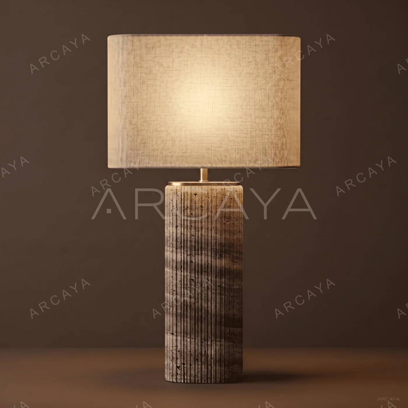 Fluted Travertine and Linen Shade Table Lamp