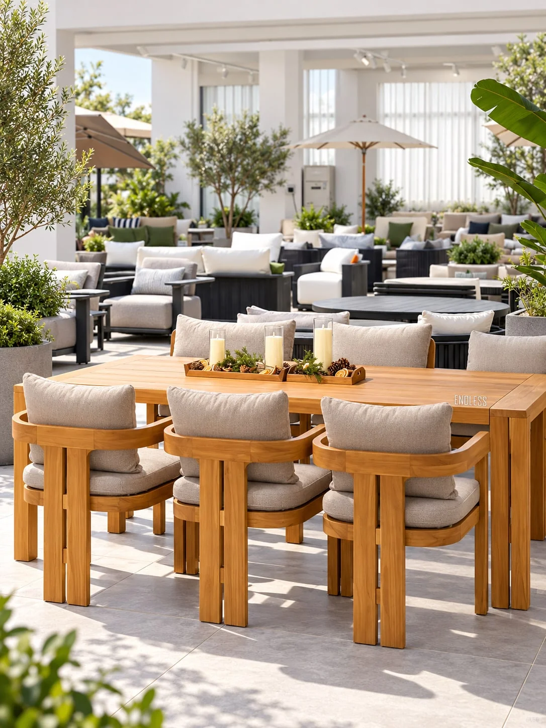 Timber outdoor dining table and cushioned chairs; AI-edited showroom reference