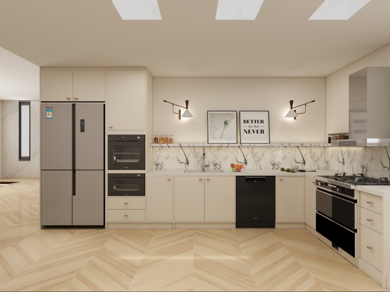 Elevation render of the sink wall with the double oven stack and refrigerator housing